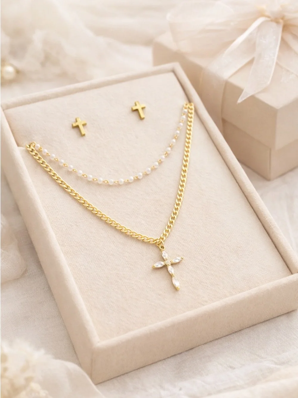 Gold Cross Necklace Earrings Set Layered Rhinestone Dainty Jewelry - Picture 5 of 5